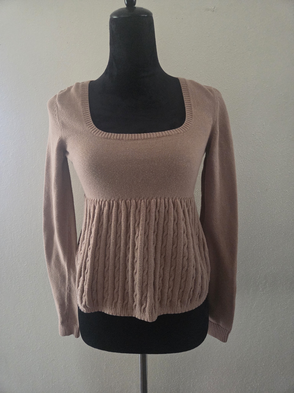 Hollister Y2K Style Tan Cable Knit Long Sleeve Babydoll Square Neck Sweater Sz S